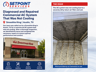 Frozen evaporator coil and dirty air filter on a commercial rooftop AC unit in Austin, TX