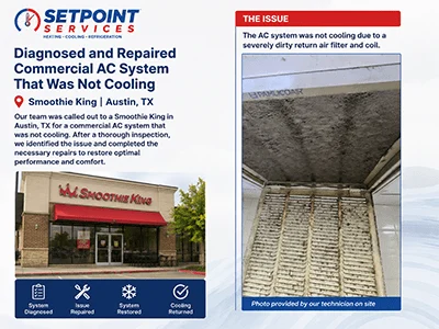 Frozen evaporator coil and dirty air filter on a commercial rooftop AC unit in Austin, TX
