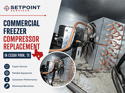 Commercial freezer condensing unit with copper condenser coil and fan serviced in Cedar Park, TX