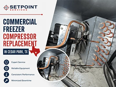 Commercial freezer condensing unit with copper condenser coil and fan serviced in Cedar Park, TX