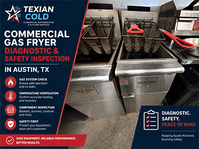 Two commercial gas fryers with fry baskets in an Austin, TX restaurant kitchen during a safety inspection