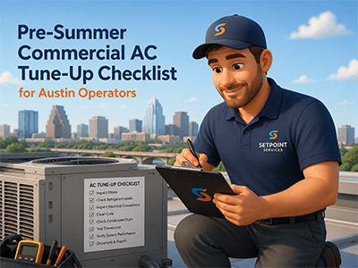 Technician inspecting a rooftop commercial HVAC condenser before summer at an Austin, TX business