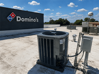 Commercial Trane rooftop AC condenser after spring maintenance service at a Taylor, TX restaurant