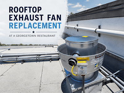 New rooftop commercial kitchen exhaust fan on a Georgetown, TX restaurant roof curb after a dishwasher hood upgrade