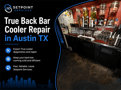 True back bar beer cooler under a tap system at a South Austin, TX bar, serviced for compressor failure