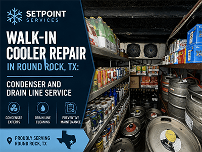 Walk-in cooler evaporator and stocked beverage shelves at a Round Rock, TX bar after refrigeration service