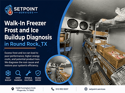 Walk-in freezer evaporator and shelving with heavy frost and ice buildup at a Round Rock, TX commercial facility