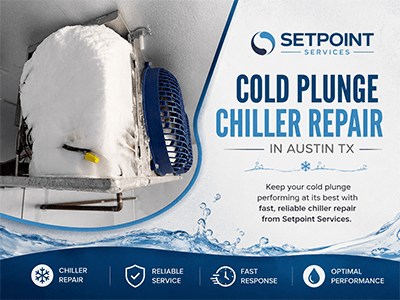 Heavily frosted evaporator coil on a cold plunge chiller serviced at an Austin, TX recovery facility