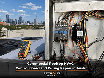 Failed commercial rooftop HVAC contactor with burned terminals during electrical repair in Austin, TX