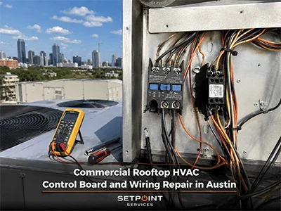 Failed commercial rooftop HVAC contactor with burned terminals during electrical repair in Austin, TX