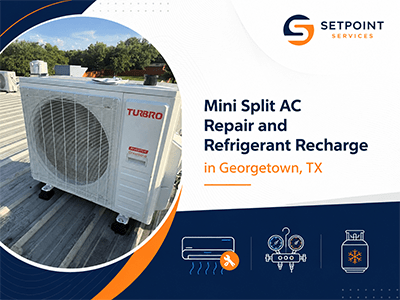 Ductless mini split condenser unit serviced on a commercial rooftop in Georgetown, TX