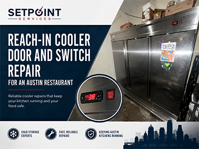 Three-door stainless steel reach-in refrigerator after door hardware repair at an Austin, TX restaurant
