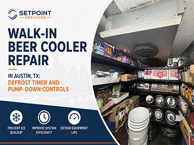 Walk-in beer cooler at a South Austin, TX convenience store, serviced for defrost timer and pump-down control repairs