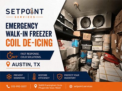 Master-Bilt evaporator unit above packed storage shelving inside a commercial walk-in freezer in Austin, TX