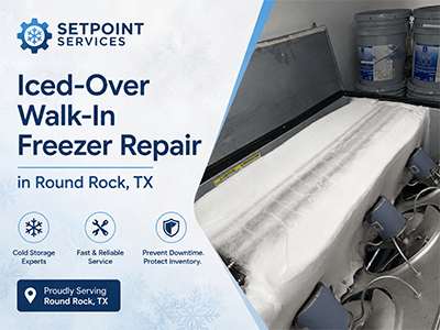 Ice-encased evaporator coil inside a walk-in freezer at a Round Rock, TX commercial facility