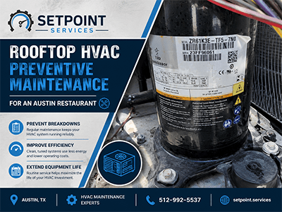 Technician performing rooftop commercial HVAC preventive maintenance at an Austin, TX restaurant