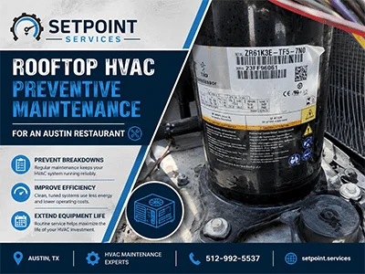 Technician performing rooftop commercial HVAC preventive maintenance at an Austin, TX restaurant