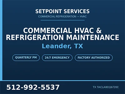 Technician performing quarterly commercial HVAC and refrigeration maintenance at a Leander, TX restaurant