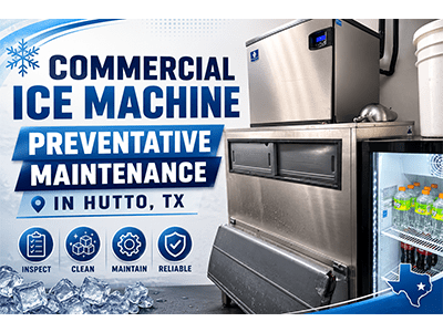 Commercial ice machine and storage bin at a Hutto, TX retail store after preventative maintenance service