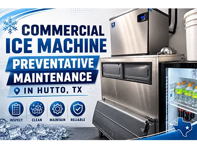 Commercial ice machine and storage bin at a Hutto, TX retail store after preventative maintenance service