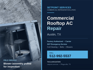 Blower wheel and housing removed from a Carrier rooftop AC unit during commercial HVAC repair in Austin, TX