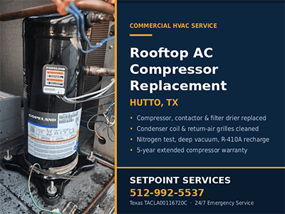 Replacement Copeland compressor installed in a commercial rooftop AC unit in Hutto, TX