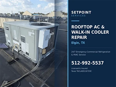 Trane rooftop packaged HVAC unit serviced at a commercial building in Elgin, TX