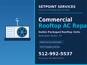 Daikin packaged rooftop HVAC unit undergoing diagnostics on a downtown Austin, TX commercial building