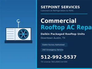 Daikin packaged rooftop HVAC unit undergoing diagnostics on a downtown Austin, TX commercial building