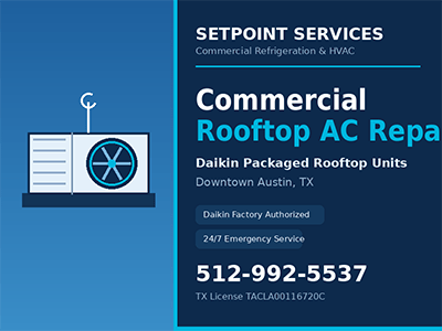 Daikin packaged rooftop HVAC unit undergoing diagnostics on a downtown Austin, TX commercial building