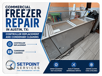 Commercial glass door display freezer repaired at an Austin, TX ice cream shop