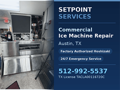 Setpoint Services technician diagnosing a commercial Hoshizaki ice machine at a North Austin, TX restaurant