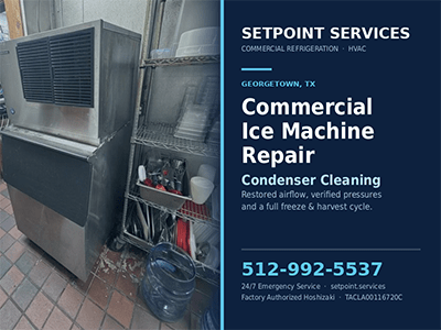 Hoshizaki modular commercial ice machine serviced in a Georgetown, TX kitchen