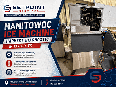 Open Manitowoc commercial ice machine head unit during a harvest diagnostic in Taylor, TX