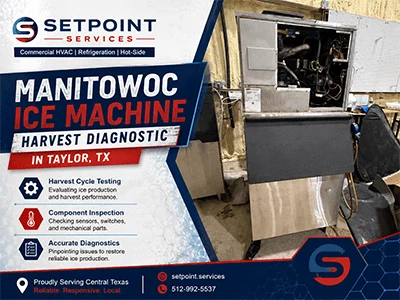 Open Manitowoc commercial ice machine head unit during a harvest diagnostic in Taylor, TX