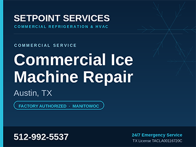 Dirty condenser coil on a Manitowoc commercial ice machine during repair in Austin, TX