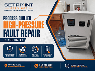 Haskris commercial process chiller serviced after a high-pressure fault at an Austin, TX facility