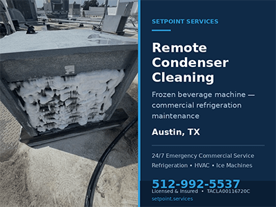 Rooftop remote air-cooled condenser coil being cleaned with foaming coil cleaner in Austin, TX