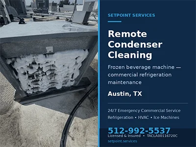 Rooftop remote air-cooled condenser coil being cleaned with foaming coil cleaner in Austin, TX
