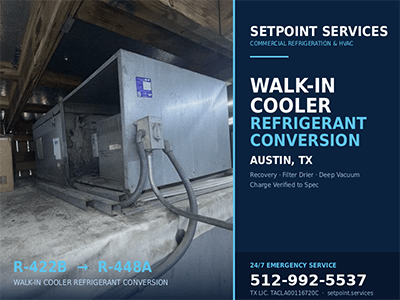 Condensing unit serving a commercial walk-in cooler after a refrigerant conversion at an Austin, TX restaurant
