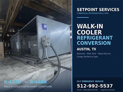 Condensing unit serving a commercial walk-in cooler after a refrigerant conversion at an Austin, TX restaurant