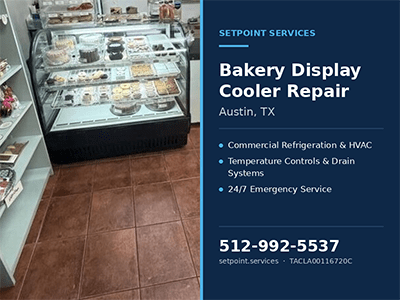 Refrigerated bakery display cooler holding pastries and cakes at an Austin, TX bakery after a temperature control replacement