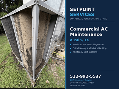 Heavily fouled condenser coil on a commercial air conditioning system during maintenance in Austin, TX