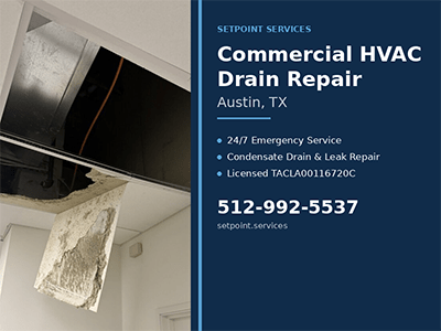 Ceiling opened to access a commercial air handler after a condensate drain leak in Austin, TX
