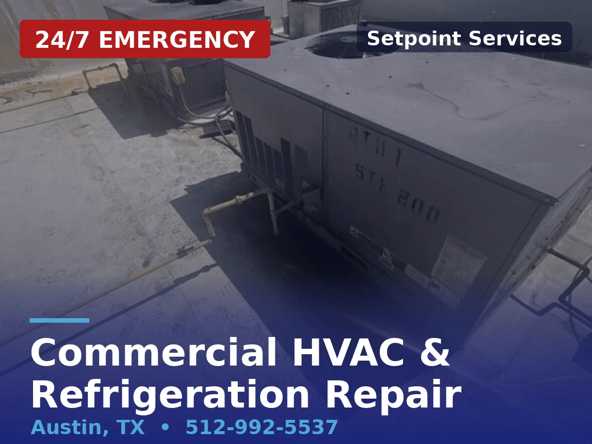 Setpoint Services technician servicing rooftop commercial HVAC units in Austin, TX