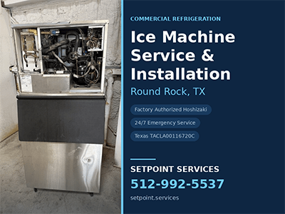 Hoshizaki modular commercial ice machine with the top service panel removed in Round Rock, TX