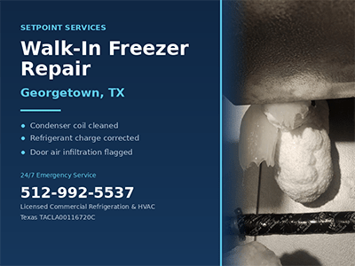 Ice buildup below a walk-in freezer evaporator unit and insulated suction line in Georgetown, TX