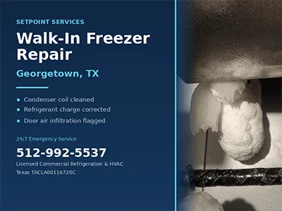 Ice buildup below a walk-in freezer evaporator unit and insulated suction line in Georgetown, TX