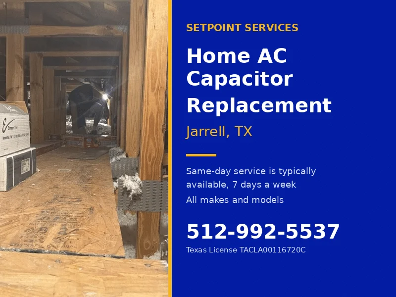 Technician working in a home attic during an AC repair service call in Jarrell, TX